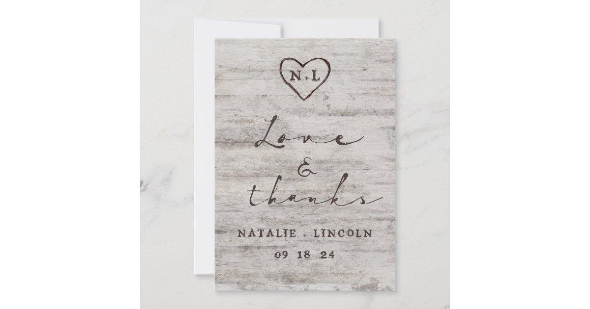 Carved Sweethearts Rustic Wedding Love and Thanks Thank You Card | Zazzle