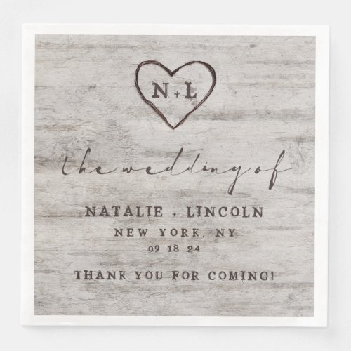 Carved Sweethearts Rustic Wedding Monogram Dinner Paper Dinner Napkins