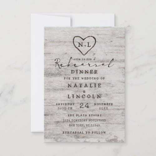 Carved Sweethearts Rustic Wedding Rehearsal Dinner Invitation