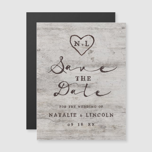 Carved Sweethearts Rustic Wedding Save the Date Magnetic Invitation (Front/Back)