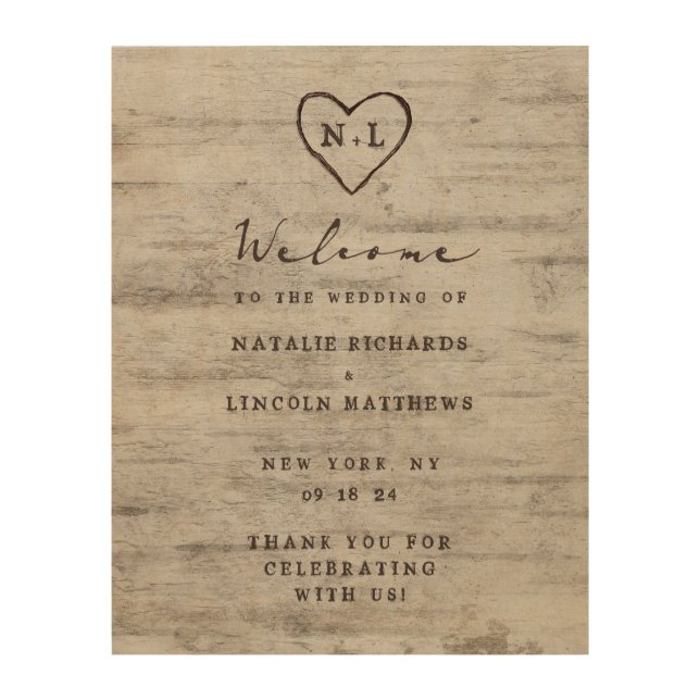 Carved Sweethearts Rustic Wedding Welcome Sign (Front)