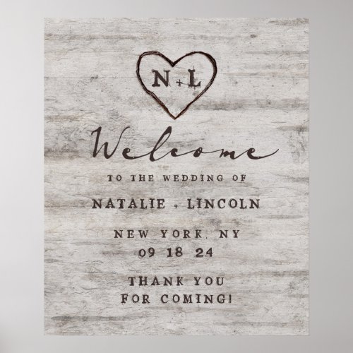 Carved Sweethearts Rustic Wedding Welcome Sign