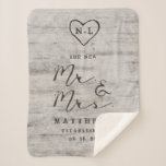 Carved Sweethearts the New Mr. & Mrs. Newlyweds Sherpa Blanket<br><div class="desc">Carved Sweethearts Rustic Birch Wood with Aged Gray & Off White Birch Tree Bark Design, and a distressed patina weathered look. This reclaimed lumber design features the couple's initials carved into the heart shape within the tree. Also, distressed typography country chic fonts, along with an elegant vintage handwriting script font....</div>