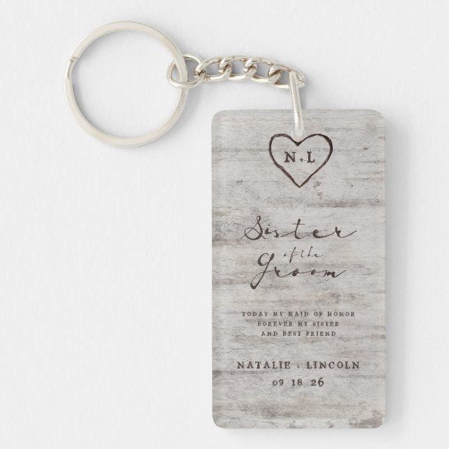 Carved Sweethearts Tree Sister of the Groom Quote Keychain (Front)