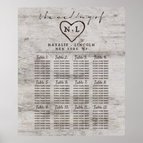 Carved Sweethearts Wedding Table Seating Chart