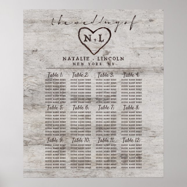 Carved Sweethearts Wedding Table Seating Chart (Front)