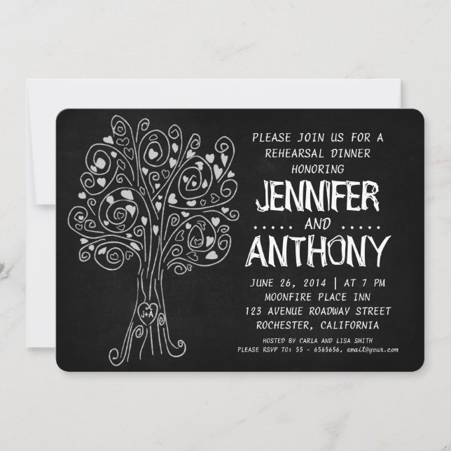 carved tree chalkboard rehearsal dinner invitation (Front)