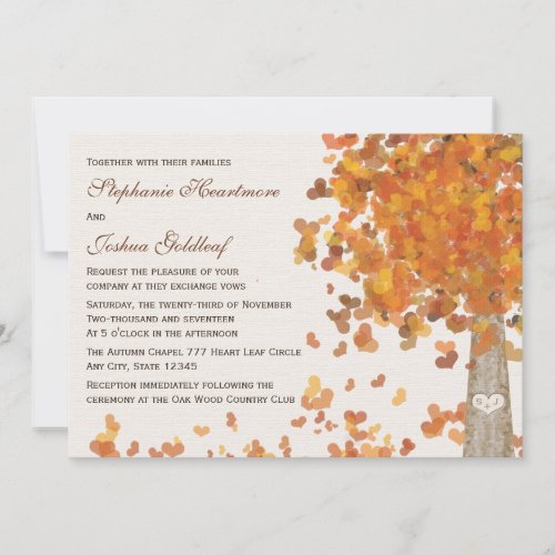 Carved Tree Initials Fall Wedding Invitations