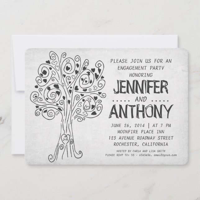carved tree modern engagement party invitations (Front)