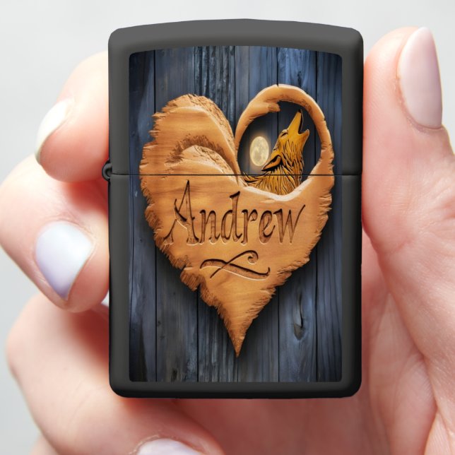 Carved Wolf Heart Sign Zippo Lighter (In Hand)