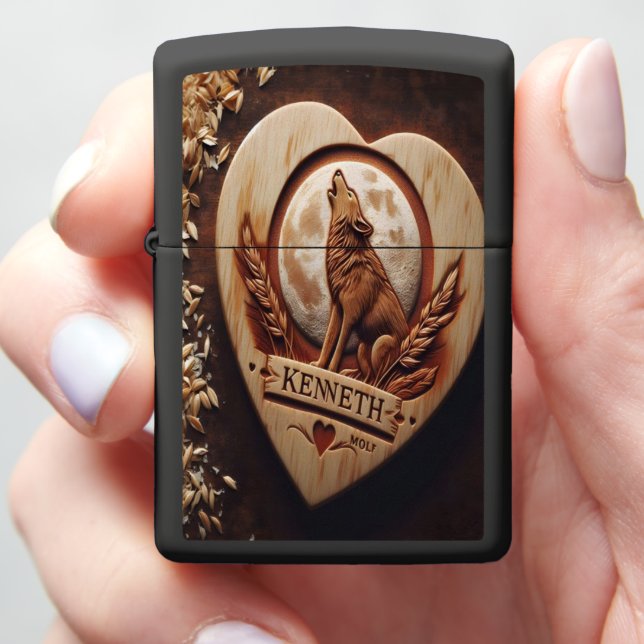 Carved Wolf Under Full Moon Zippo Lighter (In Hand)