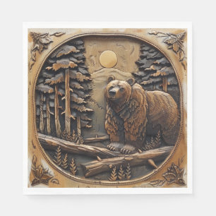 Carved Wood Bear Full Moon Pine Tree Forest Napkins