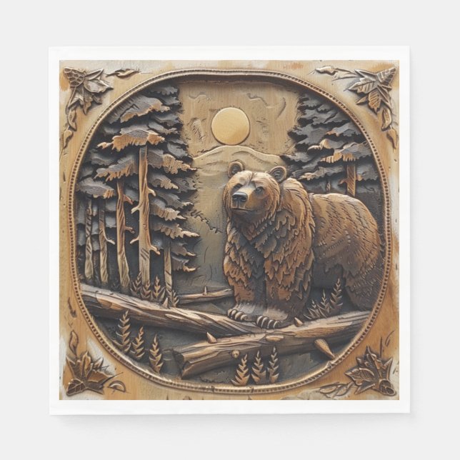 Carved Wood Bear Full Moon Pine Tree Forest Napkins (Front)