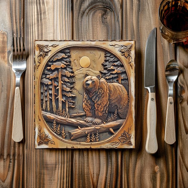Carved Wood Bear Full Moon Pine Tree Forest Paper Plates (Creator Uploaded)