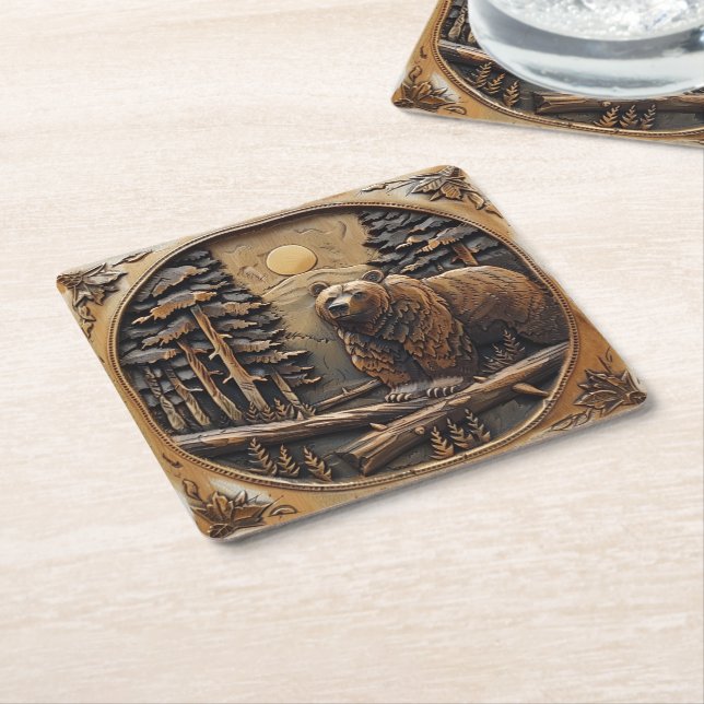Carved Wood Bear Full Moon Pine Tree Forest Square Paper Coaster (Angled)