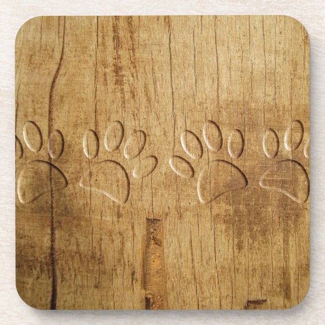 Carved Wood Dog Paw Print Beverage Coaster (Front)