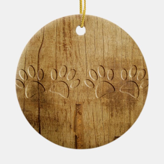 Carved Wood Dog Paw Print Ceramic Ornament (Front)