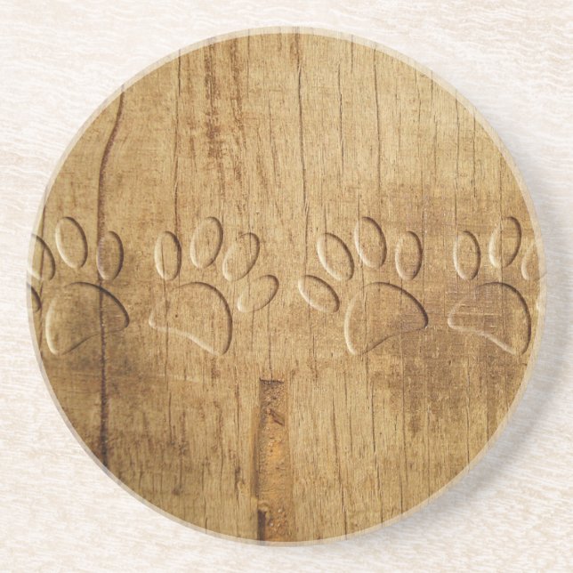 Carved Wood Dog Paw Print Drink Coaster (Front)