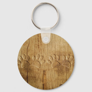 Carved Wood Dog Paw Print Keychain