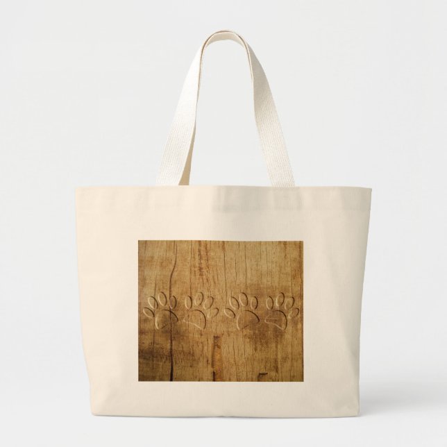 Carved Wood Dog Paw Print Large Tote Bag (Front)