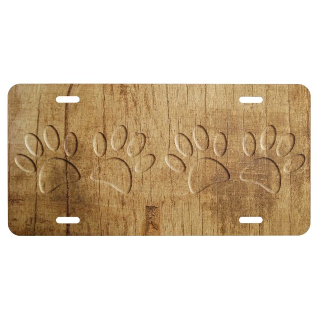 Carved Wood Dog Paw Print License Plate (Front)