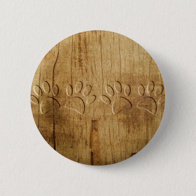 Carved Wood Dog Paw Print Pinback Button (Front)