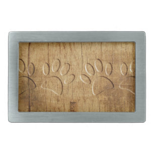 Carved Wood Dog Paw Print Rectangular Belt Buckle