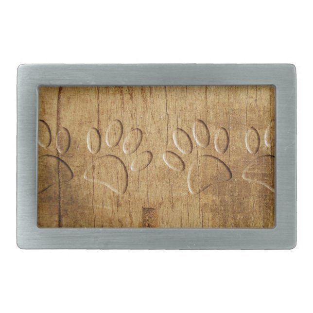 Carved Wood Dog Paw Print Rectangular Belt Buckle (Front)