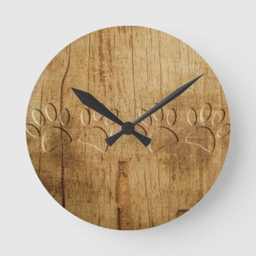 Carved Wood Dog Paw Print Round Clock