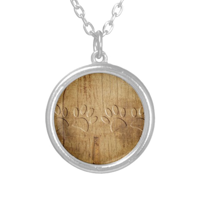 Carved Wood Dog Paw Print Silver Plated Necklace (Front)