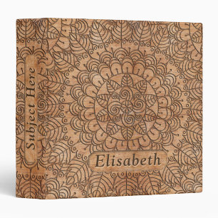 Carved Wood Floral Circles Mandala Add Name 3 Ring Binder
