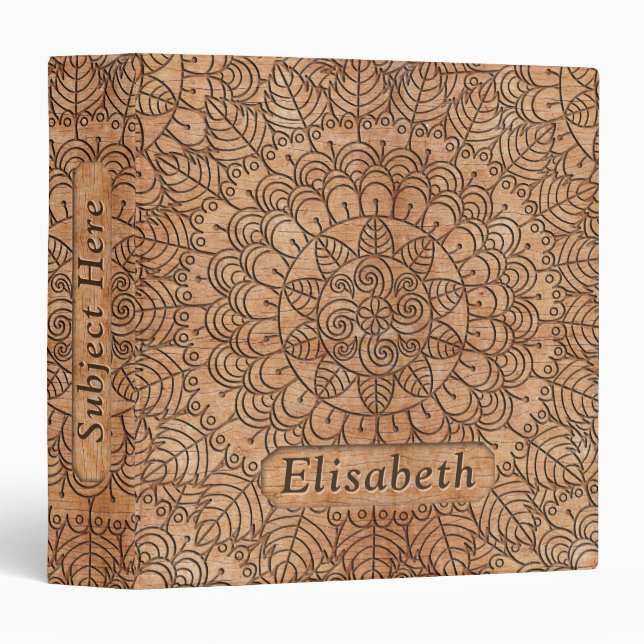 Carved Wood Floral Circles Mandala Add Name 3 Ring Binder (Front/Spine)