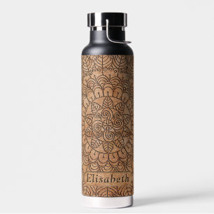 Carved Wood Floral Circles Mandala Name Water Bottle