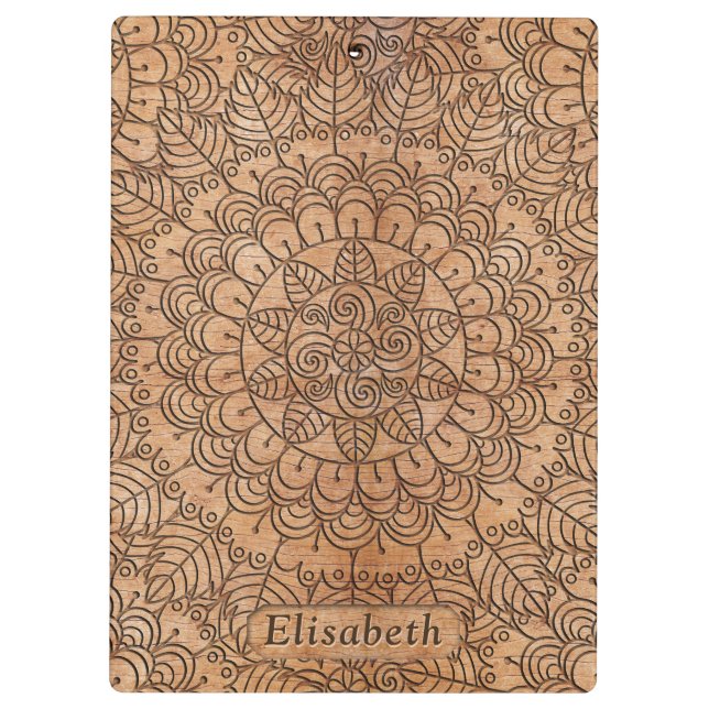 Carved Wood Floral Circles Mandala Personalize Clipboard (Back)