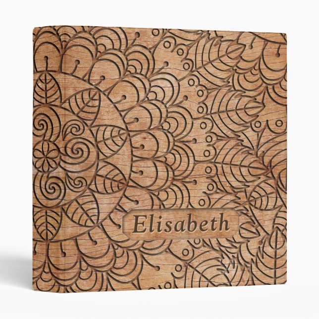 Carved Wood Floral Circles Mandala Personalized 3 Ring Binder (Front/Spine)