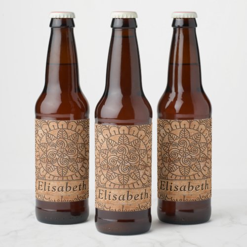 Carved Wood Floral Circles Mandala Personalized Beer Bottle Label