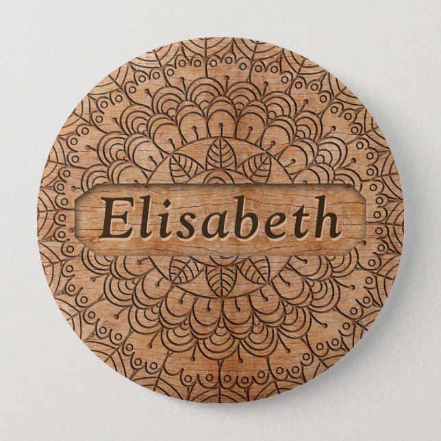 Carved Wood Floral Circles Mandala Personalized Button (Front)