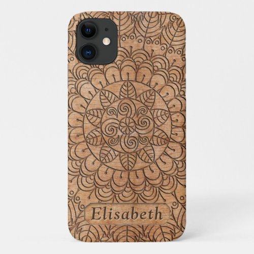 Carved Wood Floral Circles Mandala Personalized iPhone 11 Case