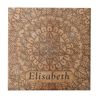 Carved Wood Floral Circles Mandala Personalized Ceramic Tile