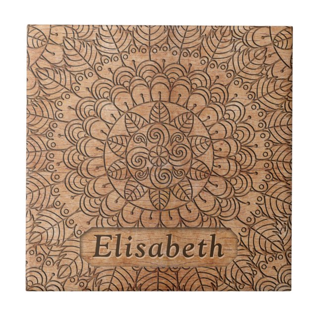 Carved Wood Floral Circles Mandala Personalized Ceramic Tile (Front)
