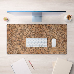 Carved Wood Floral Circles Mandala Personalized Desk Mat