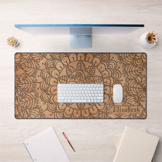 Carved Wood Floral Circles Mandala Personalized Desk Mat