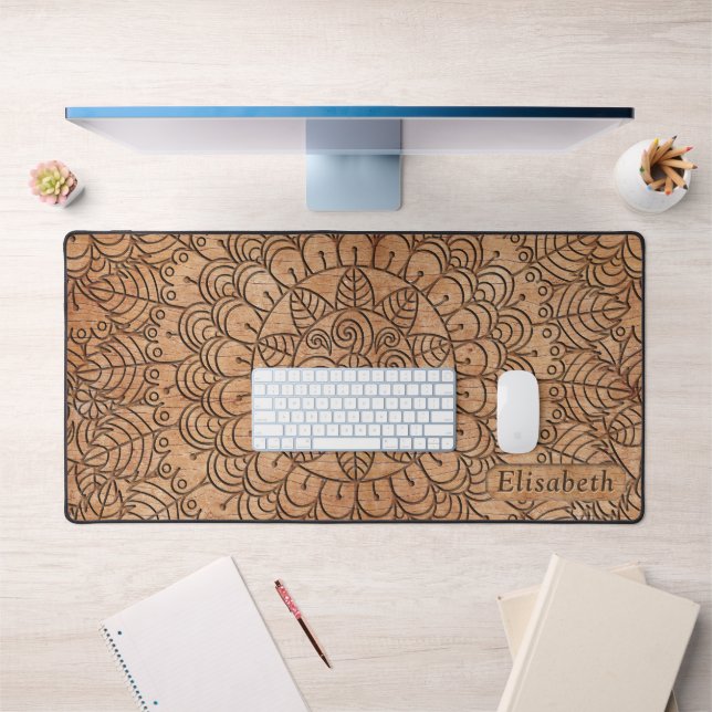 Carved Wood Floral Circles Mandala Personalized Desk Mat (Office 1)
