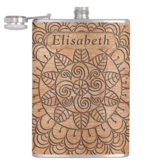 Carved Wood Floral Circles Mandala Personalized Flask