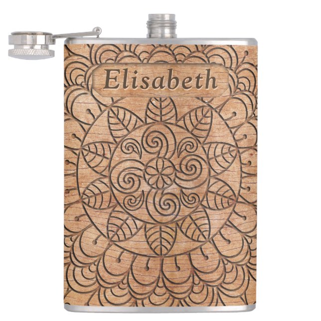 Carved Wood Floral Circles Mandala Personalized Flask (Opened)