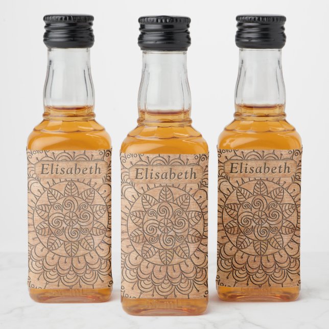 Carved Wood Floral Circles Mandala Personalized Liquor Bottle Label (Bottles)