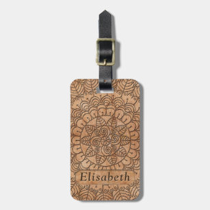 Carved Wood Floral Circles Mandala Personalized Luggage Tag