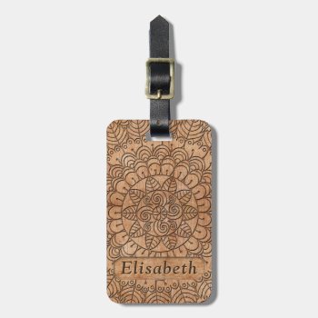 Carved Wood Floral Circles Mandala Personalized Luggage Tag by ironydesigns at Zazzle
