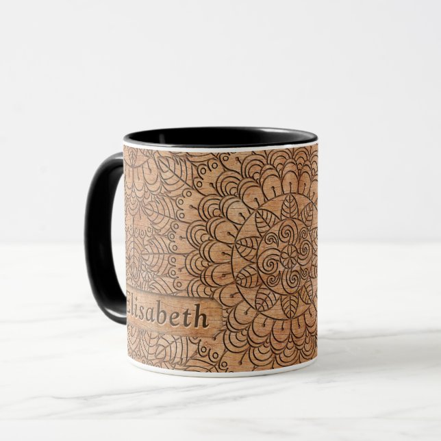 Carved Wood Floral Circles Mandala Personalized Mug (Front Left)