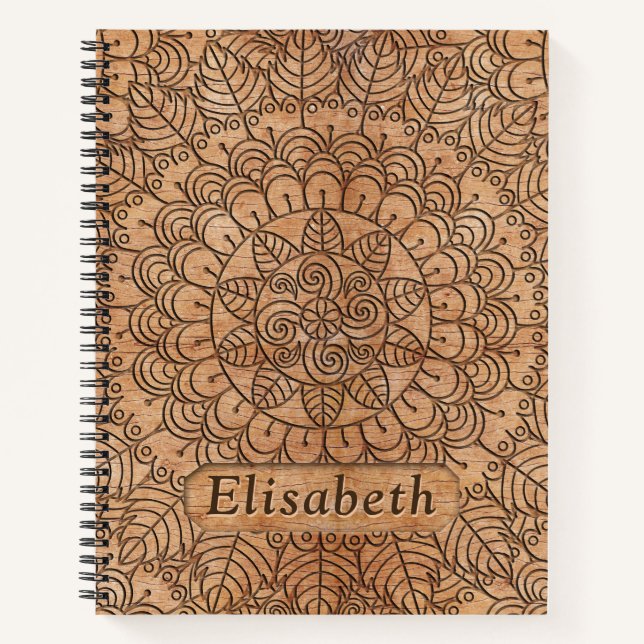 Carved Wood Floral Circles Mandala Personalized Notebook (Front)